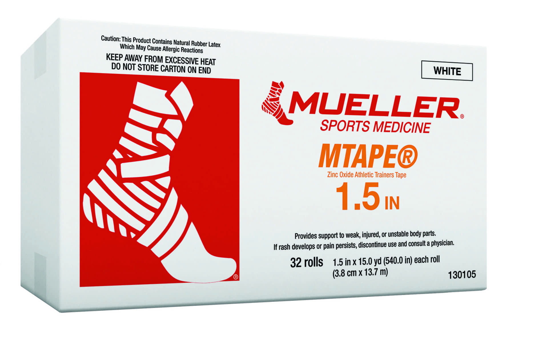 Mueller MTape 130105, 3.8см х 13.7м, 100% хлопок, ZnO, 32 рул.